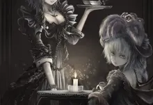 light black and white video games touhou wings black dark dress indoors maids fruits cleavage cups i Art HD Wallpaper